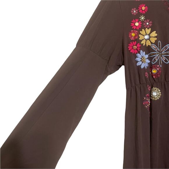 DOUBLE D RANCH Brown embroidered flowers dress Leg Of Mutton sleeves Size Small - Picture 5 of 5